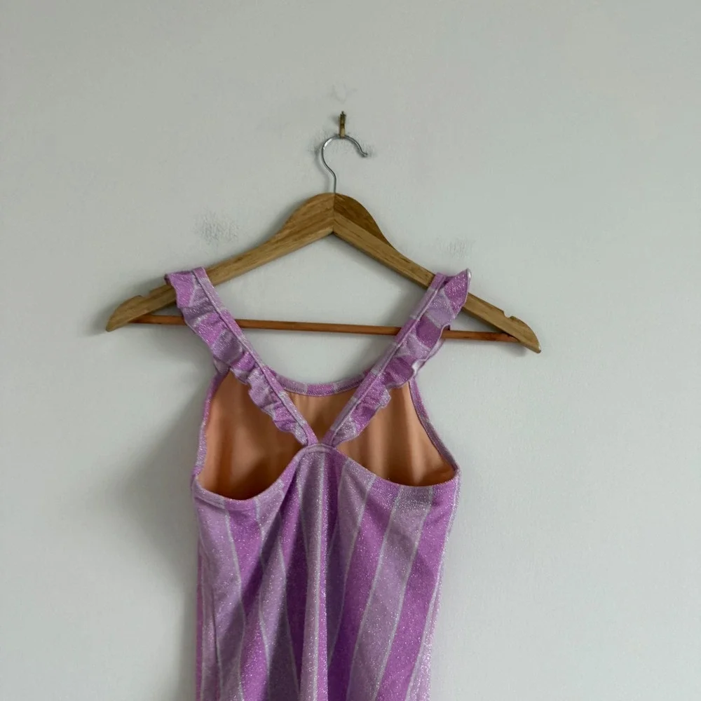 Crewcuts Shimmer Stripe Ruffle Strap Swimsuit Size 14